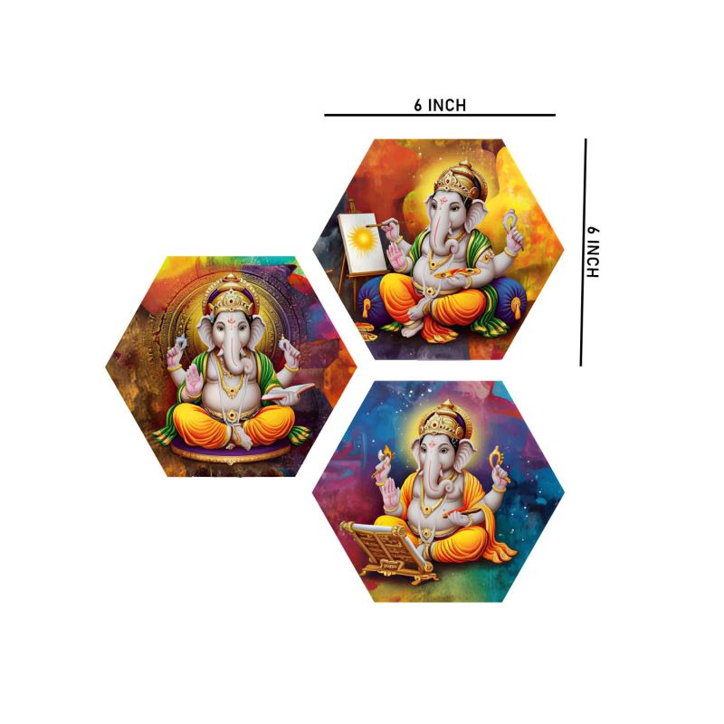 3 Piece Lord Ganesha Hexagon Wall Art Decoration Religious Art for Positivity UV Textured Spiritual Decor for Living Room, Home Temple and Office Paintings
